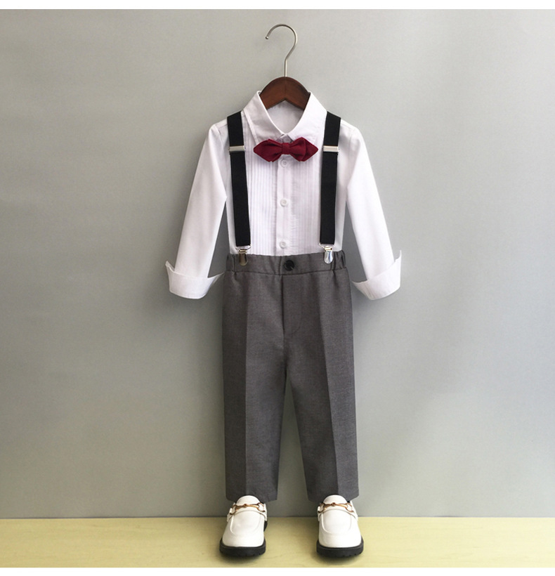 Bset0134- ชุดสูทเด็กชาย 4 ชิ้น เนื้อผ้าสวยใส่สบาย มีเสื้อเชิ้ตจับจีบ+กางเกง+โบว์+สายเอี๊ยม ขนาดชุด +ดูเพิ่ม ในรายละเอียด สำหรับออกงาน หรือการแสดง