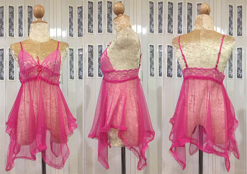 ชุดนอนซีทรู (See Through) สายเดี่ยว สีชมพู ชายระบายเป็นลูกไม้ ภาพสินค้าจริง