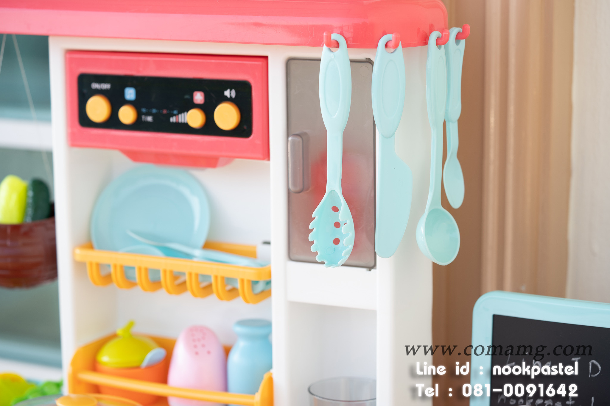 โต๊ะครัวสีชมพูพร้อมอุปกรณ์ 43 ชิ้น น้ำไหลได้จริง (เตาแก๊สมีไอน้ำ)