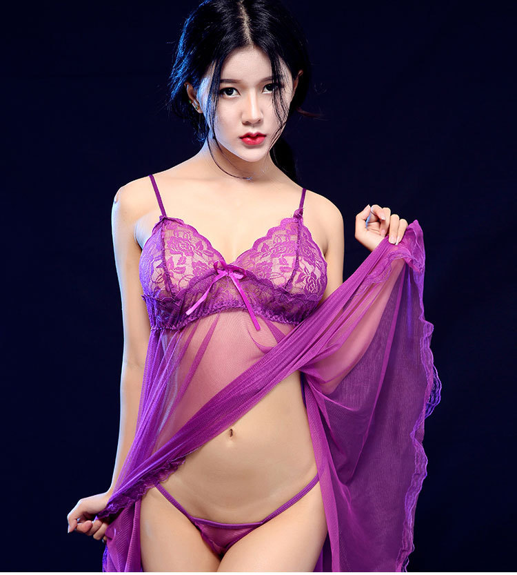 ชุดนอนซีทรู (See Through) สายเดี่ยว สีม่วง ชายระบายเป็นลูกไม้