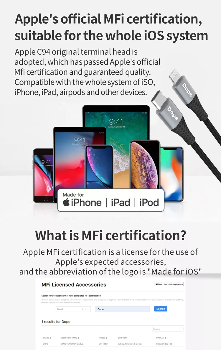 Dope DP-42401 USB C to Lightning MFI Certified ความยาว 1เมตร
