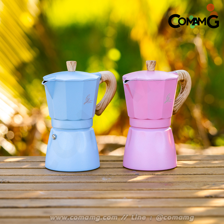 Moka Pot กาต้มกาแฟสดพกพา Fancy หม้อต้มกาแฟ ทรงแปดเหลี่ยม หูจับลายไม้