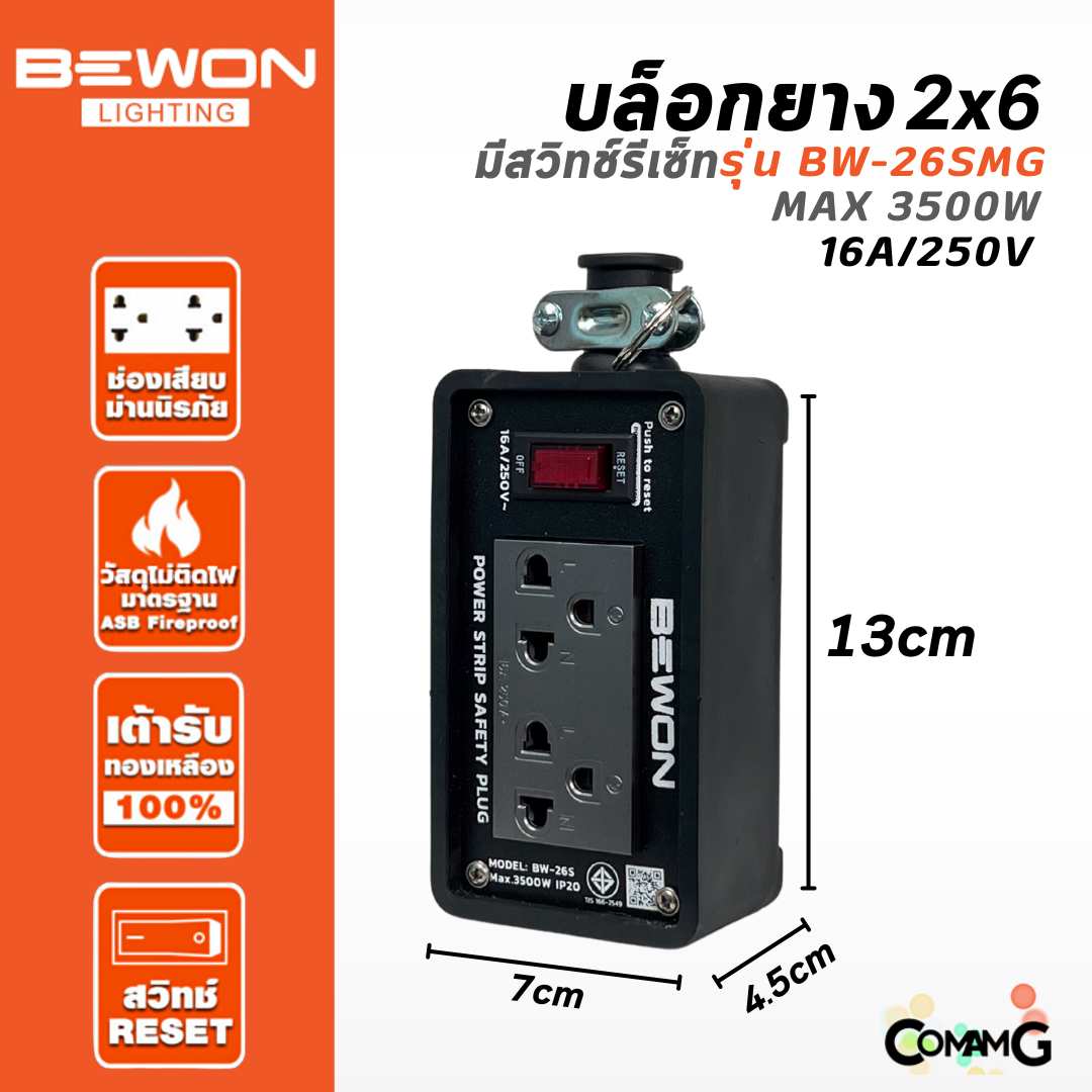 Bewon บล็อกยางพร้อมเต้ารับสีเทา มีมอก. มีหลายขนาด ปลั๊กพ่วงสนาม บล็อกยางกันกระเเทกพร้อมปลั๊กกราวด์คู่