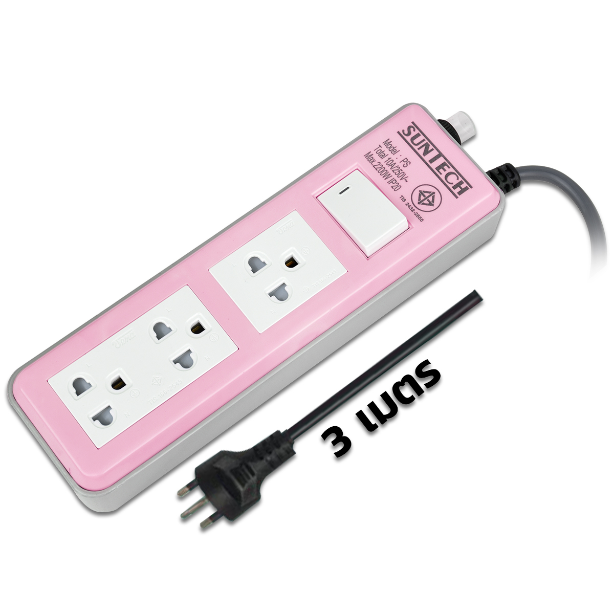 SUNTECH ชุดปลั๊กพ่วง 10A 3ช่อง 1สวิตช์ 3ม. สีชมพู 0.75 Sq.mm. 2,200W [PS1S3R-P-07503]