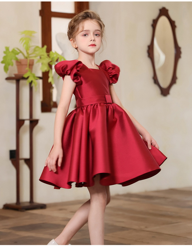 Gd4505- พร้อมส่งจากไทย ชุดออกงานเด็กหญิงสีแดง แขนตุ๊กตาสวย ผ้าสวยดุจไหม ทรงสวยมีสไตล์ ชุดราตรีเด็กทรงสั้น