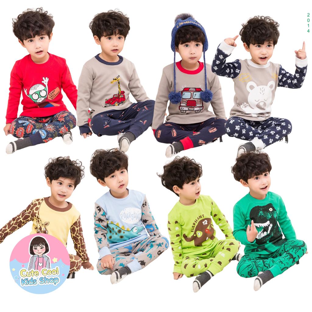 ZFB ชุดนอนเด็กผู้ชายแขนยาวขายาวลายไดโนเสาร์ หมี ปลา รถ สิงโต ม้าลาย มีขนาด 1-8 ขวบ