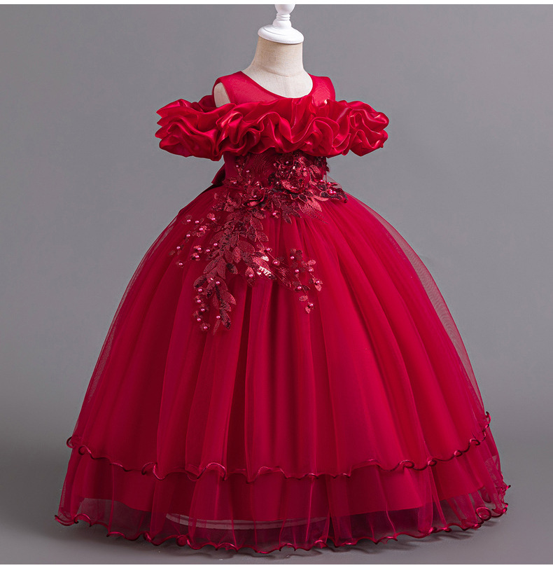 Gd4300- พร้อมส่งจากไทย ชุดออกงานเด็กหญิงสีแดง แขนสวยทรงสวยสุดน่ารัก ชุดราตรีเด็กทรงสั้น และทรงหน้าสั้น-หลังยาว