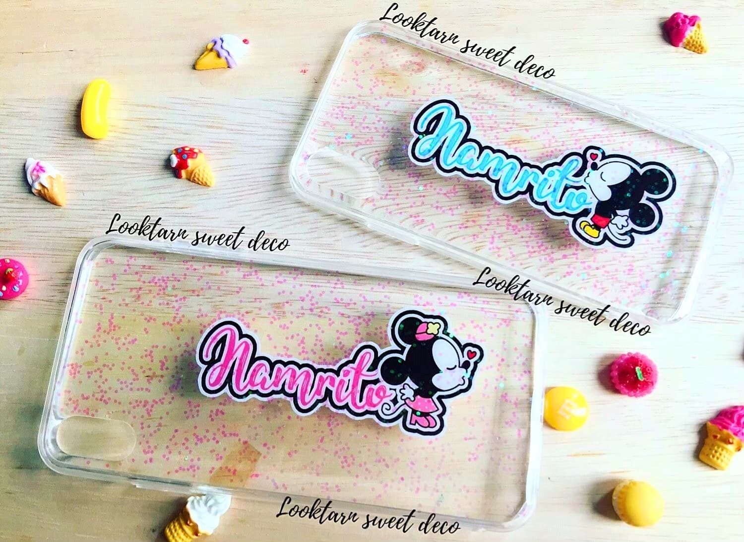 เคสคู่กากเพชรใส สกรีนชื่อ+การ์ตูน