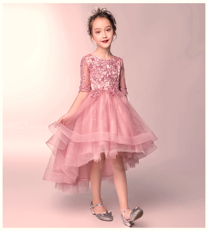 Gd3592- พร้อมส่งจากไทย ชุดราตรีเด็ก สีชมพูกลีบบัว ชุดออกงานเด็กหญิงสวยหรู ทรงหน้าสั้น-หลังยาวแบบเดรสหางปลา แขนยาวตามแบบ