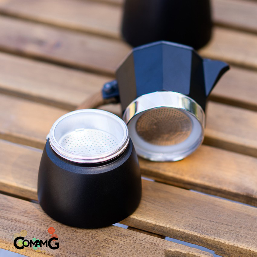 Moka Pot กาต้มกาแฟสดพกพา รุ่นหนา หม้อต้มกาแฟ ทรงแปดเหลี่ยม หูจับลายไม้ มีหลายสี