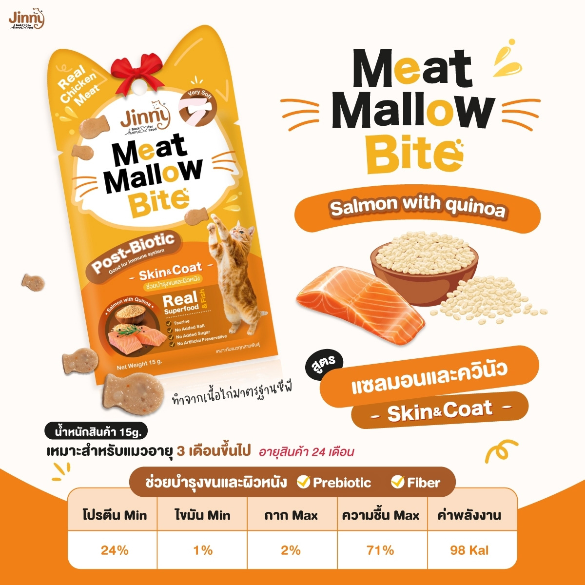 (4ซองราคาพิเศษ) Jinny Meat Mallow Bite จินนี่ มีทแมลโลว์ ไบท์ ขนมสำหรับแมวโต ขนาด 15g