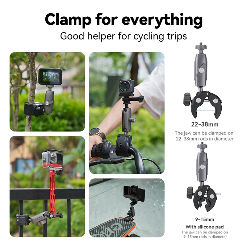 Telesin Universal Tube Clamp (Aluminium Body) Motorcycle Cycling Crab Claw Clip Magic Arm 360 Adjustment Super Clamp 1/4