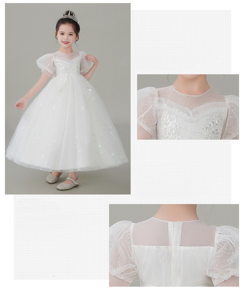 Gd4082- พร้อมส่งจากไทย ชุดออกงานเด็กหญิงสีขาว ตกแต่งเลื่อมสีทองสุดสวยหรู แขนตุ๊กตามน่ารัก ชุดราตรีเด็กทรงยาวและทรงหน้าสั้น-หลังยาวแบบเดรสทรงหางปลา