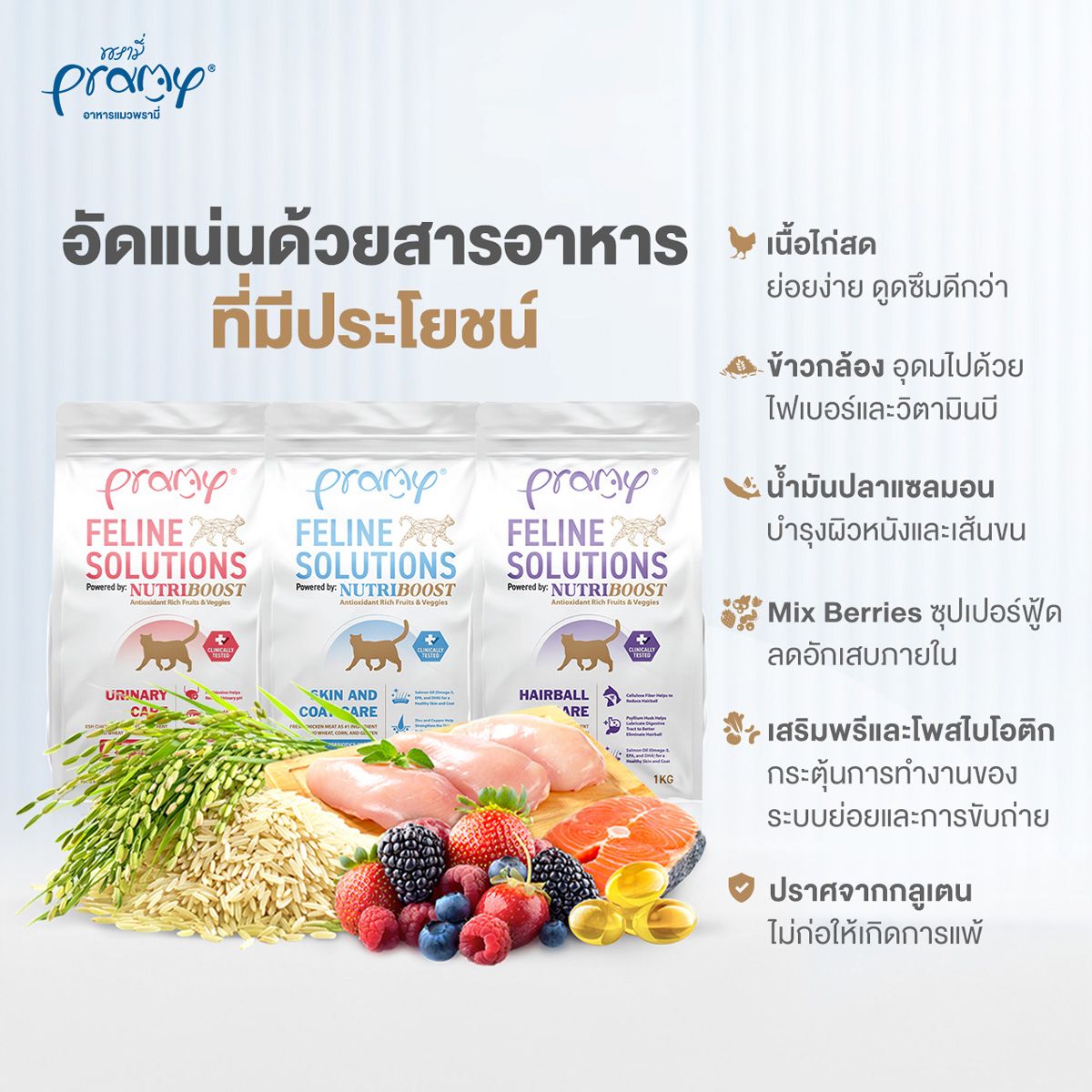 Pramy อาหารแมว สูตรเฉพาะทาง [URINARY / HAIRBALL / SKIN & COAT] พัฒนาโดยสัตวแพทย์ ไก่สด แซลมอน ข้าวกล้อง ดูแลสุขภาพครบ ขนาด 2.3kg