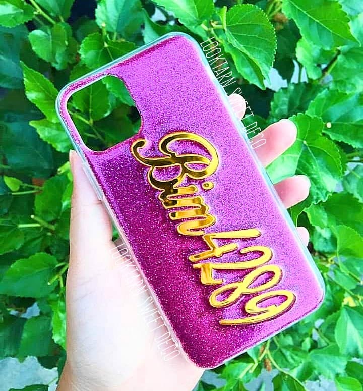 เคสกากเพชรสีม่วงแดง อักษรสีกระจกทอง