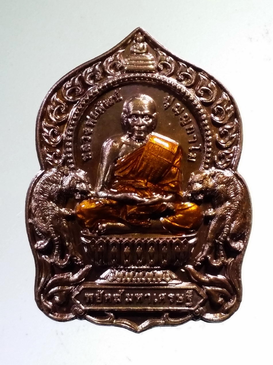 รหัสสินค้า พระมีกล่อง 3446 เหรียญเสมานั่งพาน พยัคฆ์มหาเศรษฐี หลวงพ่อพัฒน์ วัดห้วยด้วน อำเภอหนองบัว จังหวัดนครสวรรค์ เนื้อทองแดงรมน้ำตาล ลงยาจีวร สร้างปี 2564 ตอกโค๊ต หมายเลข ๒๐๕