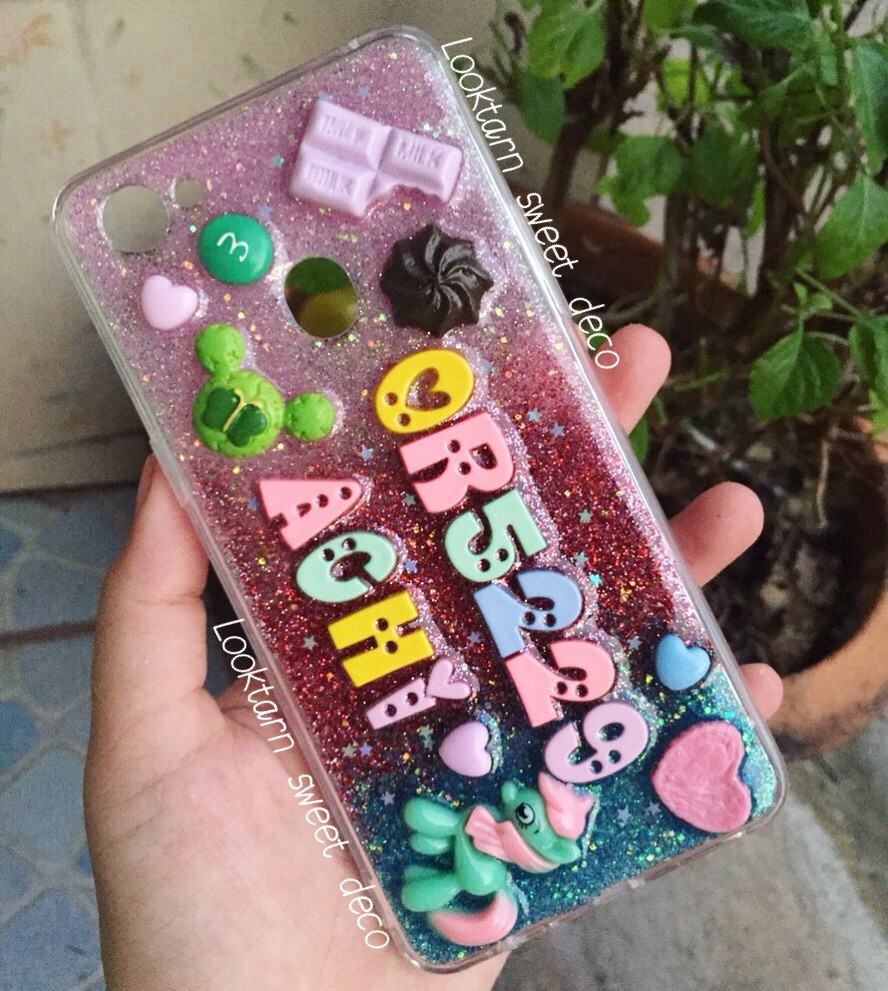 เคสกากเพชร ม่วงอ่อน ม่วงบานเย็น เขียว อักษรคละสี