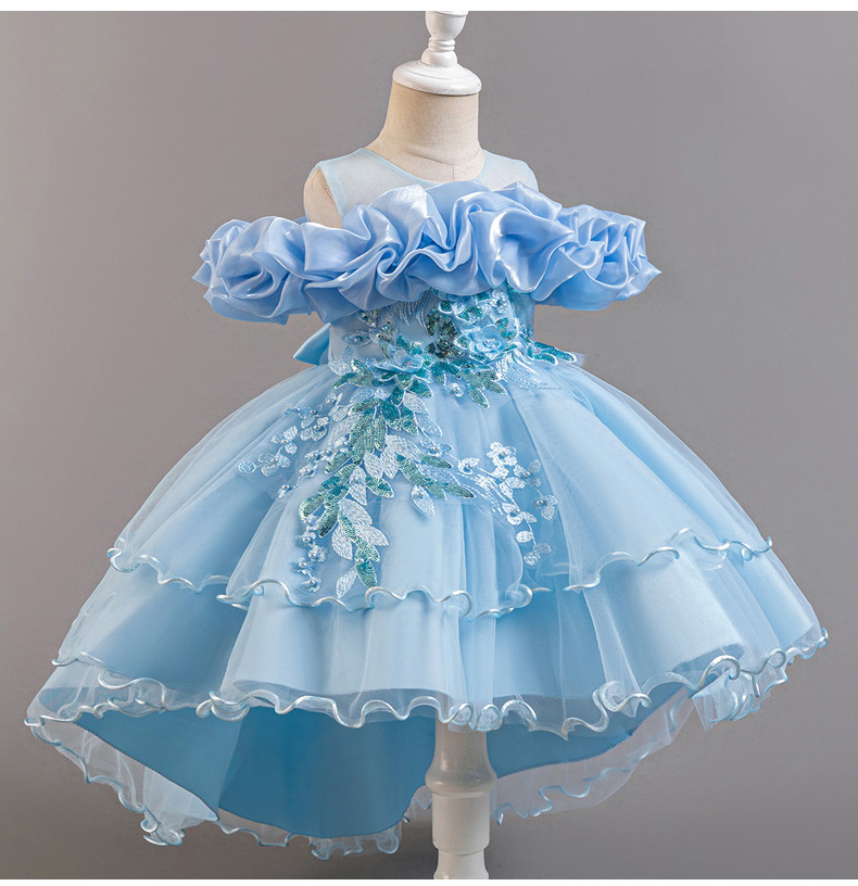 Gd4300- พร้อมส่งจากไทย ชุดออกงานเด็กหญิงสีฟ้า แขนสวยทรงสวยสุดน่ารัก ชุดราตรีเด็กทรงสั้น และทรงหน้าสั้น-หลังยาว