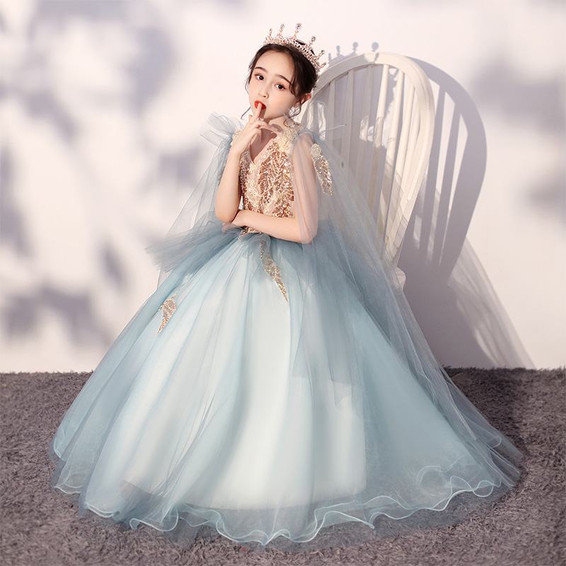 Gd3937- พร้อมส่งจากไทย ชุดออกงานเด็กหญิงสีฟ้า ประดับสีทอง สไตล์สวยสุดหรูดุจเจ้าหญิง ชุดราตรีเด็กทรงยาว แขนตุ๊กตา ชุดออกงานการแสดง