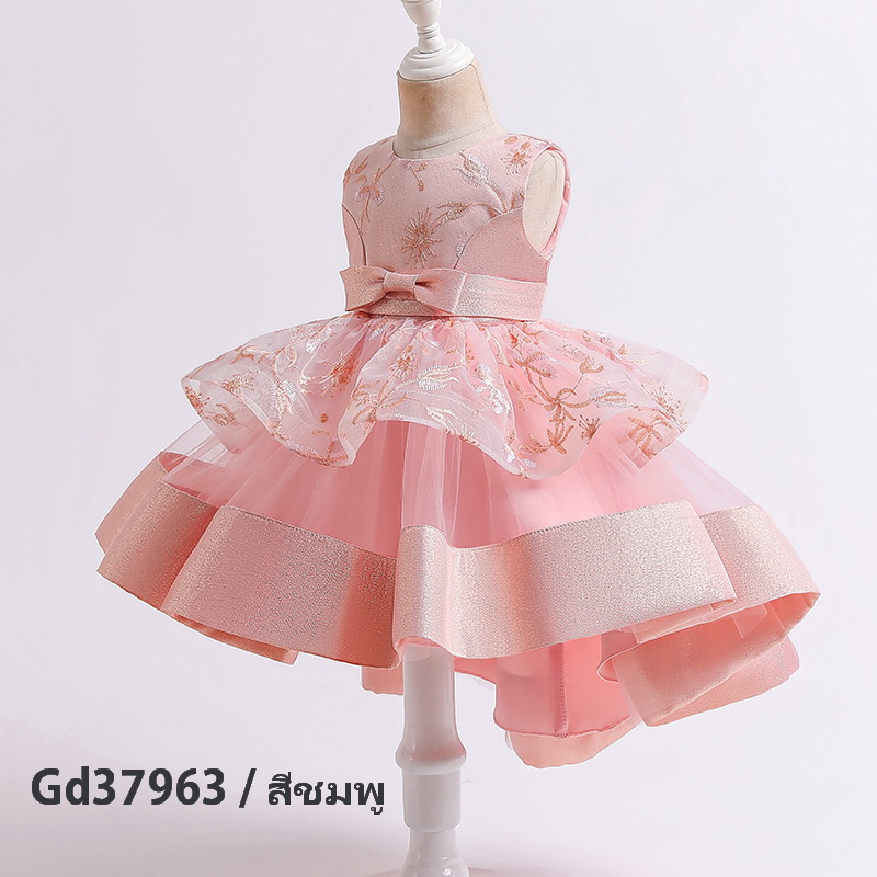 Gd3796- พร้อมส่งจากไทย ชุดราตรีเด็ก สีแดง ชุดออกงานเด็กหญิง ทรงหน้าสั้น-หลังยาวแบบเดรสทรงหางปลา