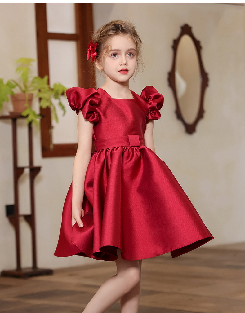 Gd4505- พร้อมส่งจากไทย ชุดออกงานเด็กหญิงสีแดง แขนตุ๊กตาสวย ผ้าสวยดุจไหม ทรงสวยมีสไตล์ ชุดราตรีเด็กทรงสั้น