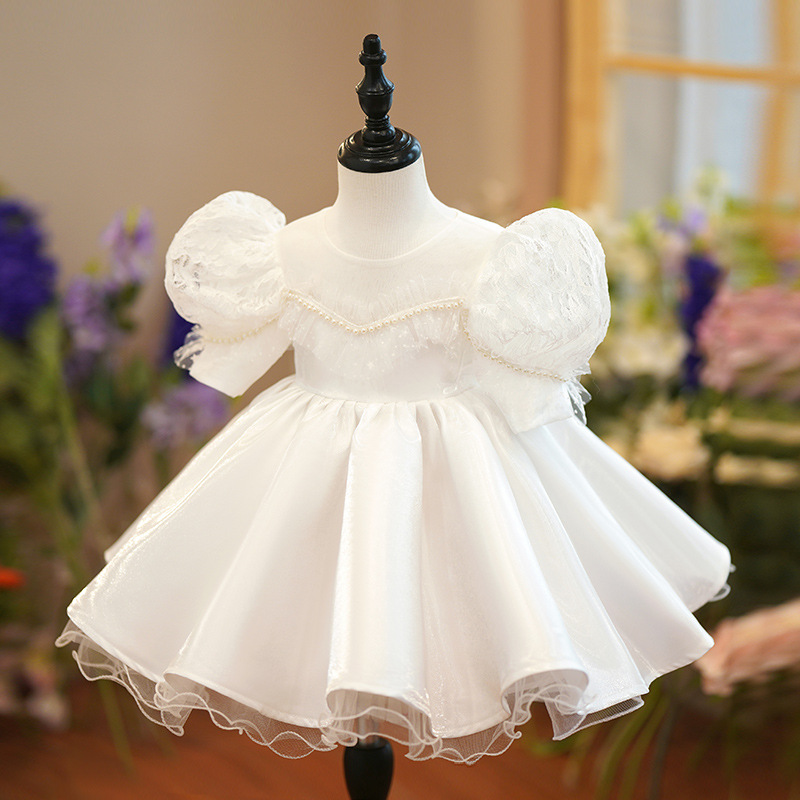 Gd4516- พร้อมส่งจากไทย ชุดออกงานเด็กหญิงสีขาว โบว์แยกจากชุดได้ แขนตุ๊กตาสวยหรูดูน่ารัก เนื้อผ้าสวย คอซีทรู ชุดราตรีเด็กทรงสั้น