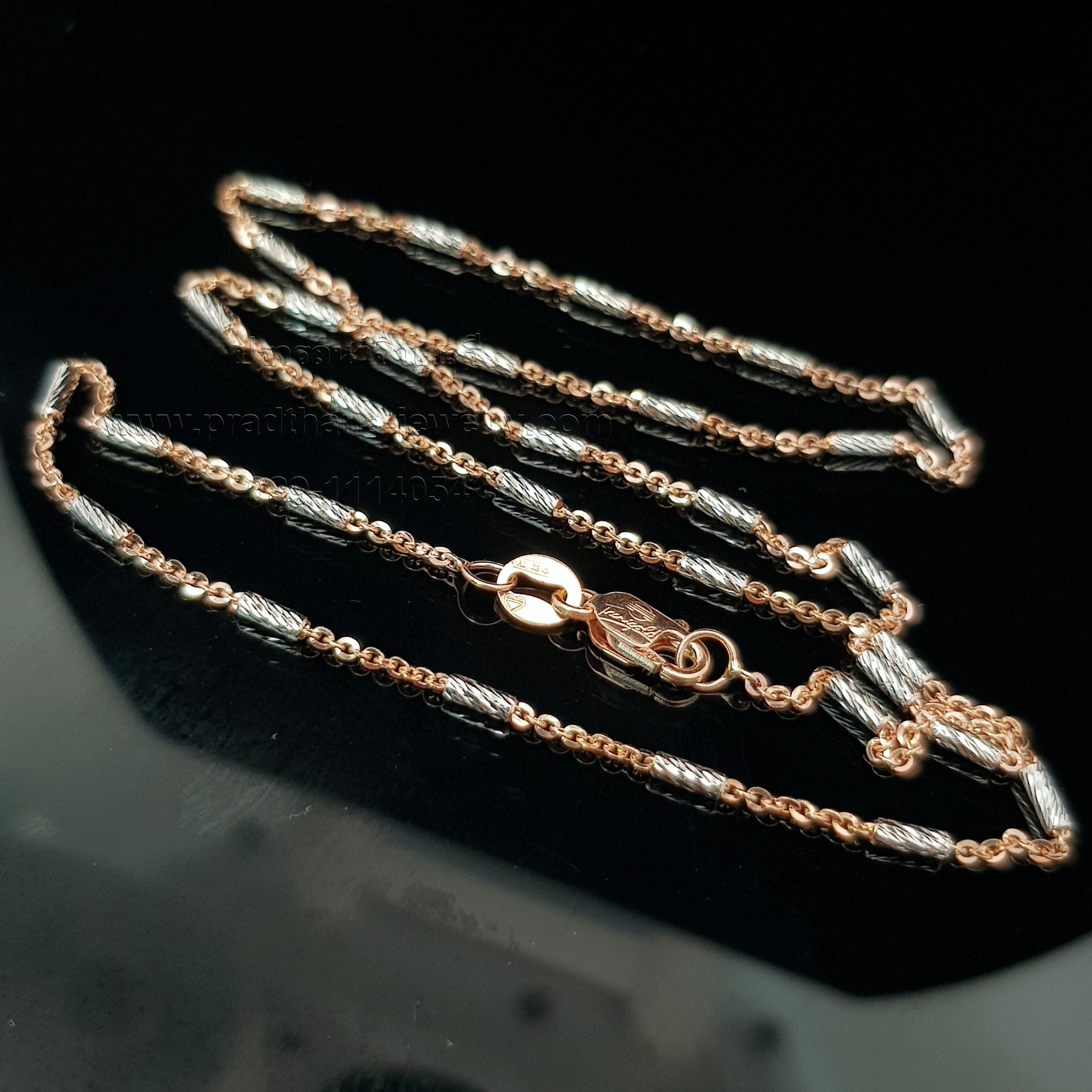 สร้อยคอโซ่พิงค์โกลด์สลับแท่งทองตัดลาย