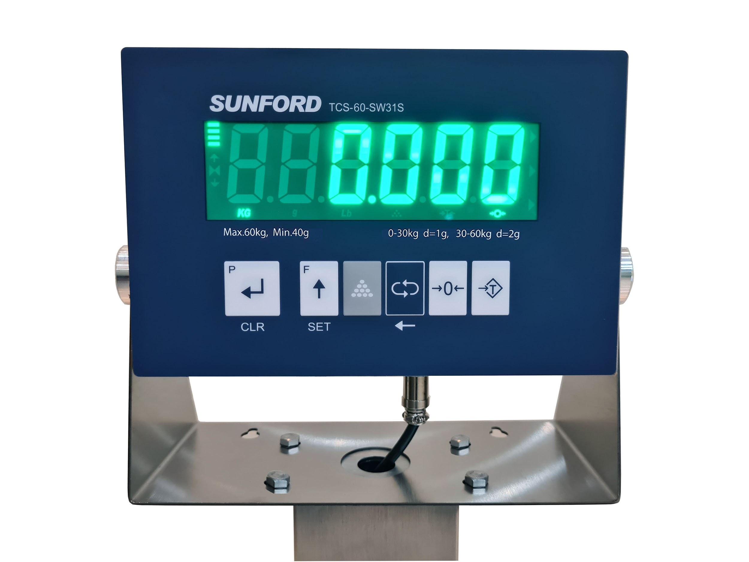 เครื่องชั่งดิจิตอลกันน้ำ เครื่องชั่งสแตนเลส เครื่องชั่งดิจิตอล เครื่องชั่งวางพื้น ตาชั่งน้ำหนัก ตาชั่งดิจิตอล ตาชั่งกันน้ำ ตาชั่งสแตนเลสทั้งชุด เครื่องชั่งวางพื้นแบบกันน้ำพิกัด 60Kg อ่านค่าละเอียด 0.002Kg ยี่ห้อ Sunford รุ่น TCS-60-SW31S