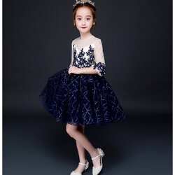 Gd34251-2 พร้อมส่งชุดออกงานเด็กหญิงสีน้ำเงินเข้มแบบสีกรมท่า ชุดราตรีเด็กทรงสั้น แขนยาว ซีทรูที่ไหล่-แขน