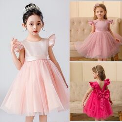 Gd4340- พร้อมส่งจากไทย ชุดออกงานเด็กหญิงสีชมพู แขนระบายสุดน่ารัก โบว์ใหญ่สวยๆ แยกจากชุดได้ ตกแต่งมุกที่กระโปรง ตัวเสื้อเงาดุจผ้าไหม ชุดราตรีเด็กทรงสั้น