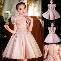Gd4523- พร้อมส่งจากไทย ชุดออกงานเด็กหญิงสีชมพู แบบชมพูโรสโกลด์ หรือสีพิ้งค์โกลด์ สีสวยผ้าสวยสุดหรูหรา โบว์แยกจากชุดได้ ชุดราตรีเด็กทรงสั้น