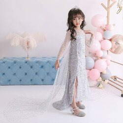 Gd3763- พร้อมส่งจากไทย ชุดราตรีเด็กสีเทา เป็นสีเงินระยิบระยับทั้งตัว ชุดออกงานเด็กหญิงทรงยาว แขนยาวมีผ้ายาวด้านหลัง