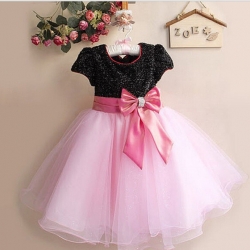 Gd3143- พร้อมส่งจากไทย ชุดเดรสออกงานเด็กสีชมพู ตัวเสื้อสีดำ