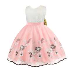 Gd3542- พร้อมส่งจากไทย ชุดราตรีเด็กสีชมพู เด็กเล็ก-เด็กโต ชุดออกงานเด็กหญิง ทรงสั้น โบว์สีทองแยกจากชุดได้ งานปักสวยหรู ผ้าลูกไม้นิ่มนวลซีทรูเบาๆด้านหลัง