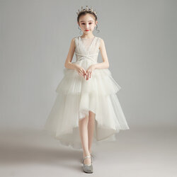 Gd3758- พร้อมส่งจากไทย ชุดราตรีเด็กสีขาว ชุดออกงานเด็กหญิงทรงหน้าสั้น-หลังยาวแบบเดรสทรงหางปลา สวยสุดหรูมีสไตล์