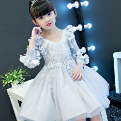 Gd30293 พร้อมส่งชุดเดรสออกงานเด็กสีเทาเงิน แขนยาว