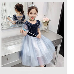 Gd37541 พร้อมส่งจากไทย ชุดราตรีเด็กสีน้ำเงิน ชุดออกงานเด็กหญิงสั้น แขนตุ๊กตา ตัวเสื้อกำมะหยี่สวยหวานดูน่ารักดุจเจ้าหญิงน้อย