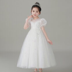 Gd4082- พร้อมส่งจากไทย ชุดออกงานเด็กหญิงสีขาว ตกแต่งเลื่อมสีทองสุดสวยหรู แขนตุ๊กตามน่ารัก ชุดราตรีเด็กทรงยาวและทรงหน้าสั้น-หลังยาวแบบเดรสทรงหางปลา