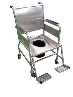 รถเข็นวีลแชร์นั่งถ่ายสแตนเลส รุ่น PS101 แบบพับไม่ได้ พร้อมเบาะรองนั่ง และถังรองถ่าย (ล้อหลังเล็ก)