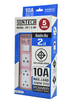 SUNTECH ชุดปลั๊กพ่วง10A 3ช่อง1สวิตช์ 5ม. สีชมพู 0.75 Sq.mm 2,200 วัตต์ PS1S3R-P-07505