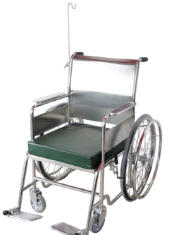 รถเข็นวีลแชร์ผู้ป่วยสแตนเลส รุ่น PS55 แบบพับไม่ได้ พร้อมเบาะรองนั่ง และเสาน้ำเกลือ