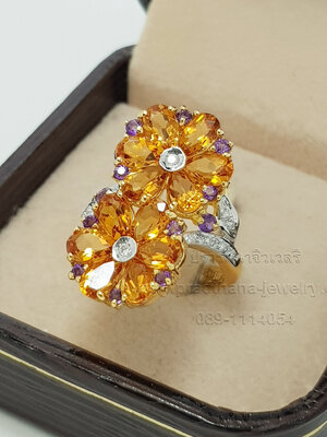 แหวนดอกไม้ซิทรีนอเมทิสประดับเพชร