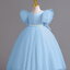 Gd4209- พร้อมส่งจากไทย ชุดออกงานเด็กหญิงสีฟ้า เอวคาดมุกสวย โบว์ใหญ่ด้านหลังถอดได้ ชุดราตรีเด็กทรงยาว ชุดออกงานการแสดง